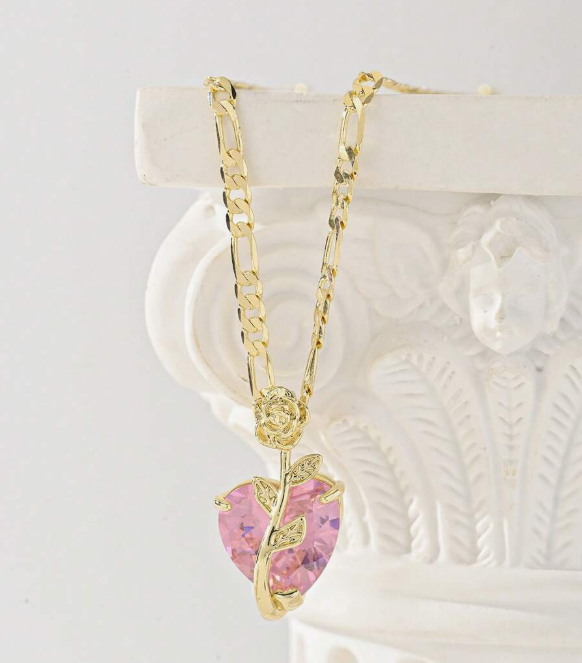 pink heart pendant real gold-plated necklace